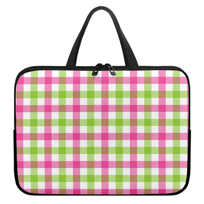 White Pink And Green Buffalo Plaid Print Laptop Sleeve With Handle