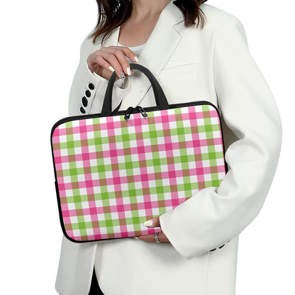 White Pink And Green Buffalo Plaid Print Laptop Sleeve With Handle