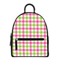 White Pink And Green Buffalo Plaid Print Leather Backpack