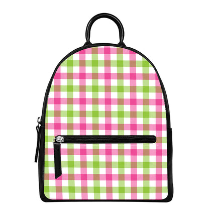 White Pink And Green Buffalo Plaid Print Leather Backpack
