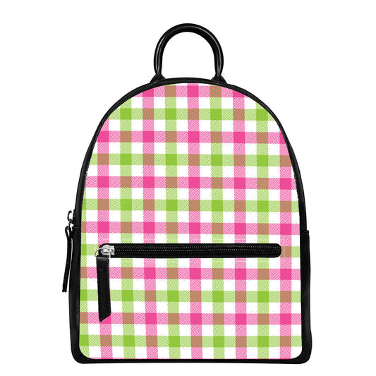 White Pink And Green Buffalo Plaid Print Leather Backpack
