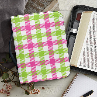 White Pink And Green Buffalo Plaid Print Leather Bible Cover