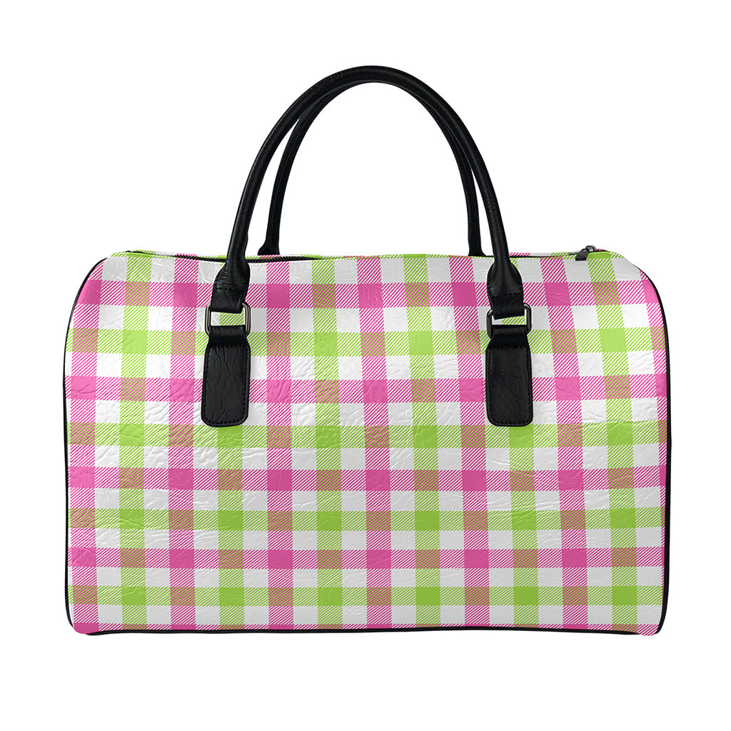 White Pink And Green Buffalo Plaid Print Leather Duffle Bag