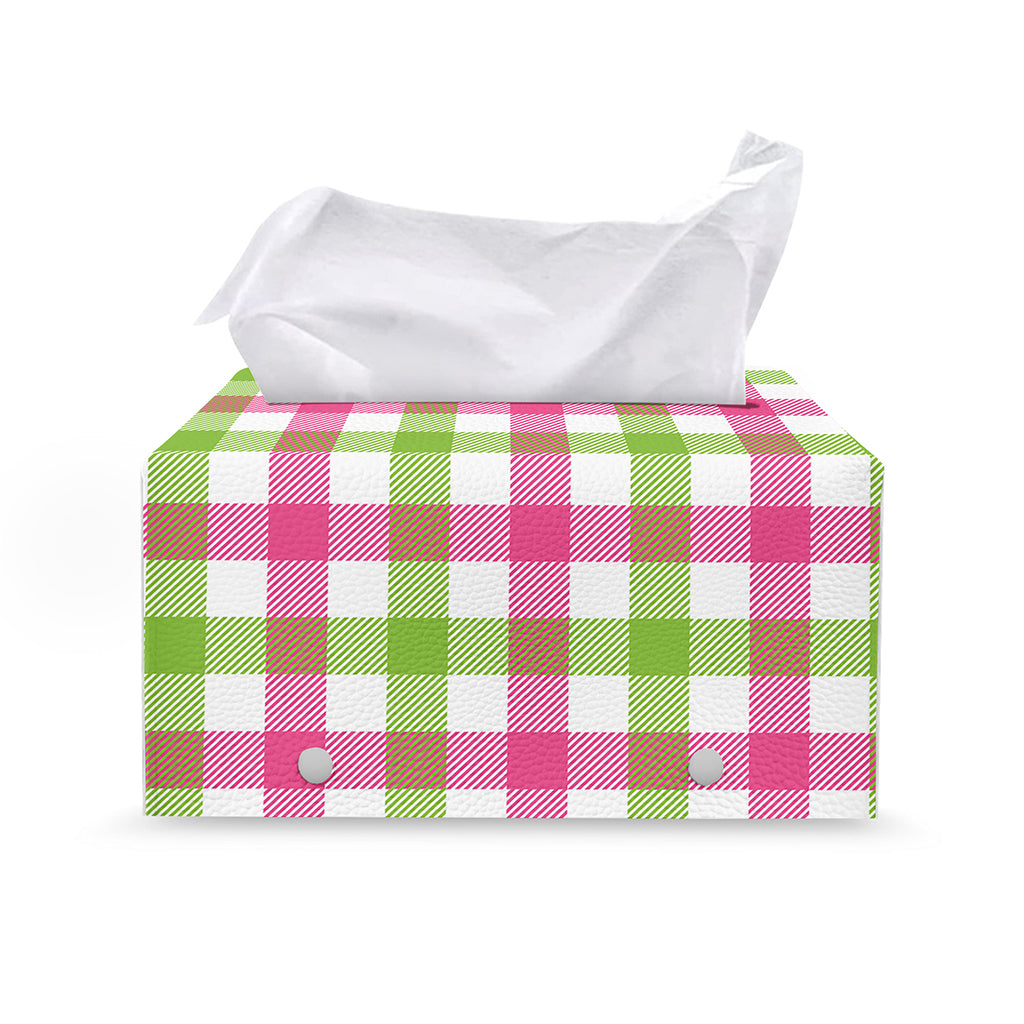 White Pink And Green Buffalo Plaid Print Leather Tissue Box Cover