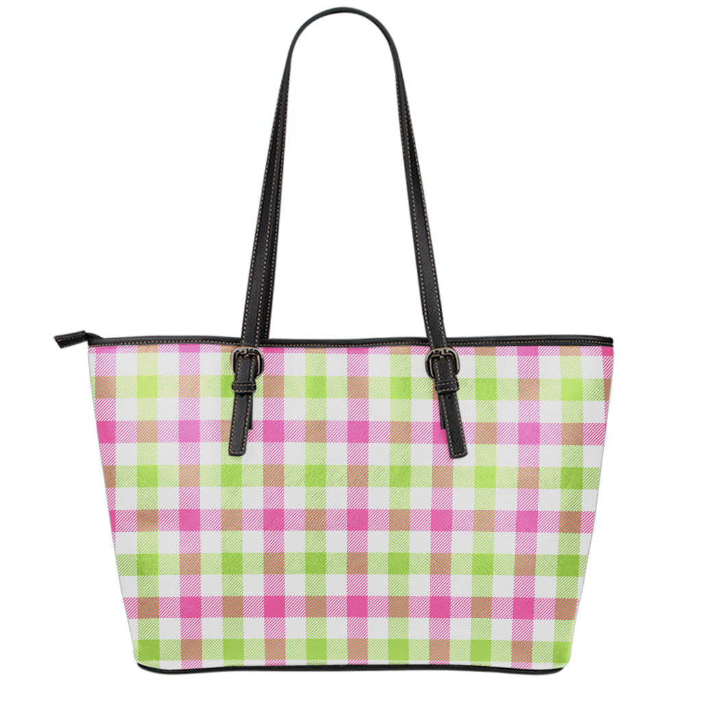 White Pink And Green Buffalo Plaid Print Leather Tote Bag