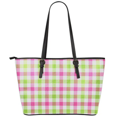 White Pink And Green Buffalo Plaid Print Leather Tote Bag