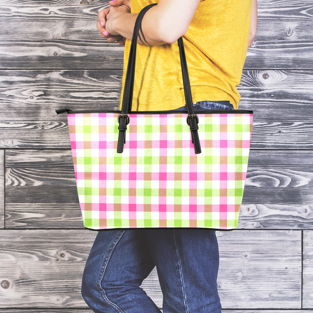 White Pink And Green Buffalo Plaid Print Leather Tote Bag