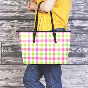 White Pink And Green Buffalo Plaid Print Leather Tote Bag