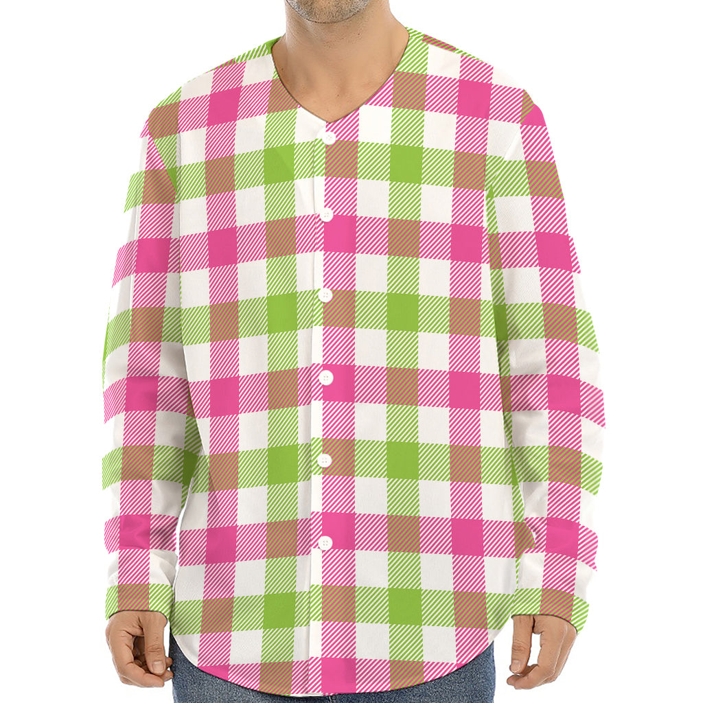 White Pink And Green Buffalo Plaid Print Long Sleeve Baseball Jersey