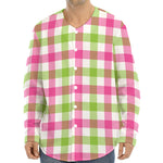 White Pink And Green Buffalo Plaid Print Long Sleeve Baseball Jersey