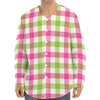 White Pink And Green Buffalo Plaid Print Long Sleeve Baseball Jersey