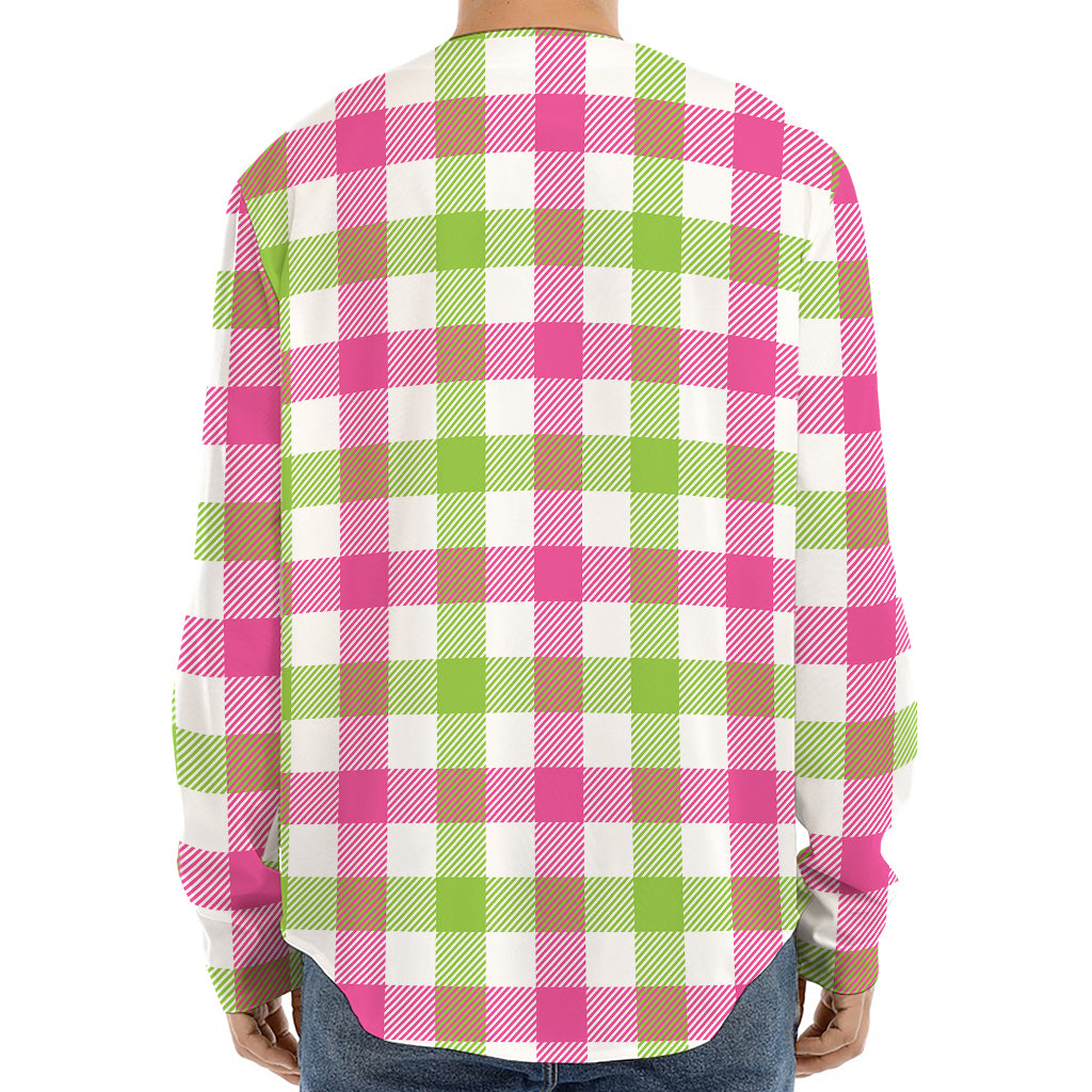 White Pink And Green Buffalo Plaid Print Long Sleeve Baseball Jersey