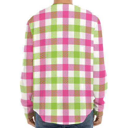 White Pink And Green Buffalo Plaid Print Long Sleeve Baseball Jersey