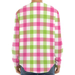 White Pink And Green Buffalo Plaid Print Long Sleeve Baseball Jersey