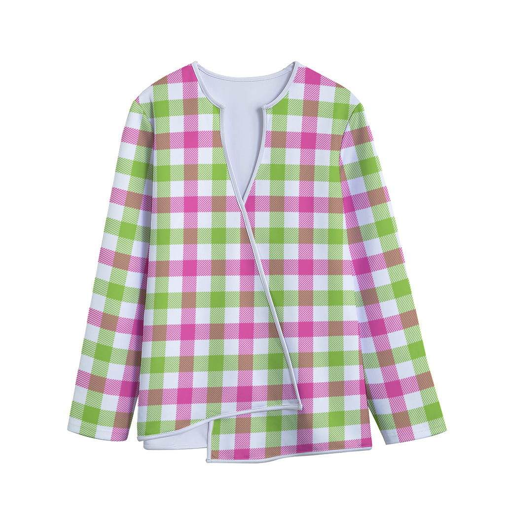 White Pink And Green Buffalo Plaid Print Long Sleeve Short Coat
