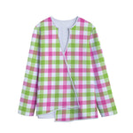 White Pink And Green Buffalo Plaid Print Long Sleeve Short Coat
