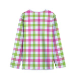 White Pink And Green Buffalo Plaid Print Long Sleeve Short Coat