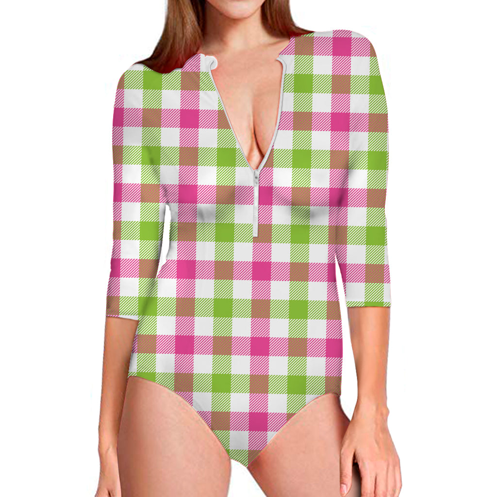 White Pink And Green Buffalo Plaid Print Long Sleeve Swimsuit