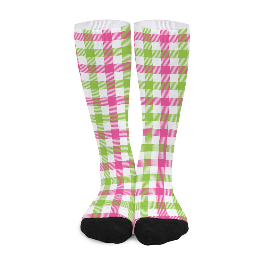 White Pink And Green Buffalo Plaid Print Long Socks