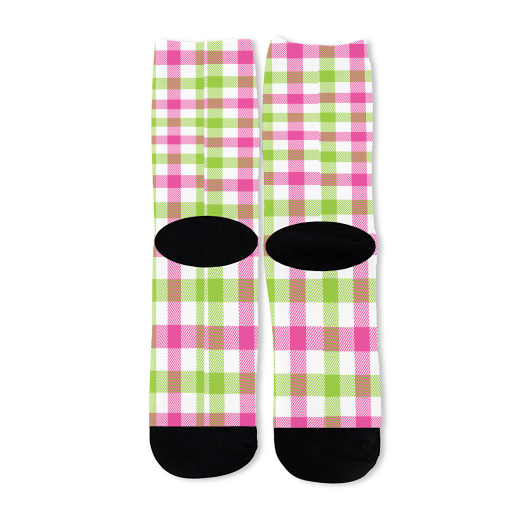 White Pink And Green Buffalo Plaid Print Long Socks