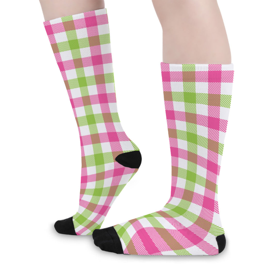 White Pink And Green Buffalo Plaid Print Long Socks