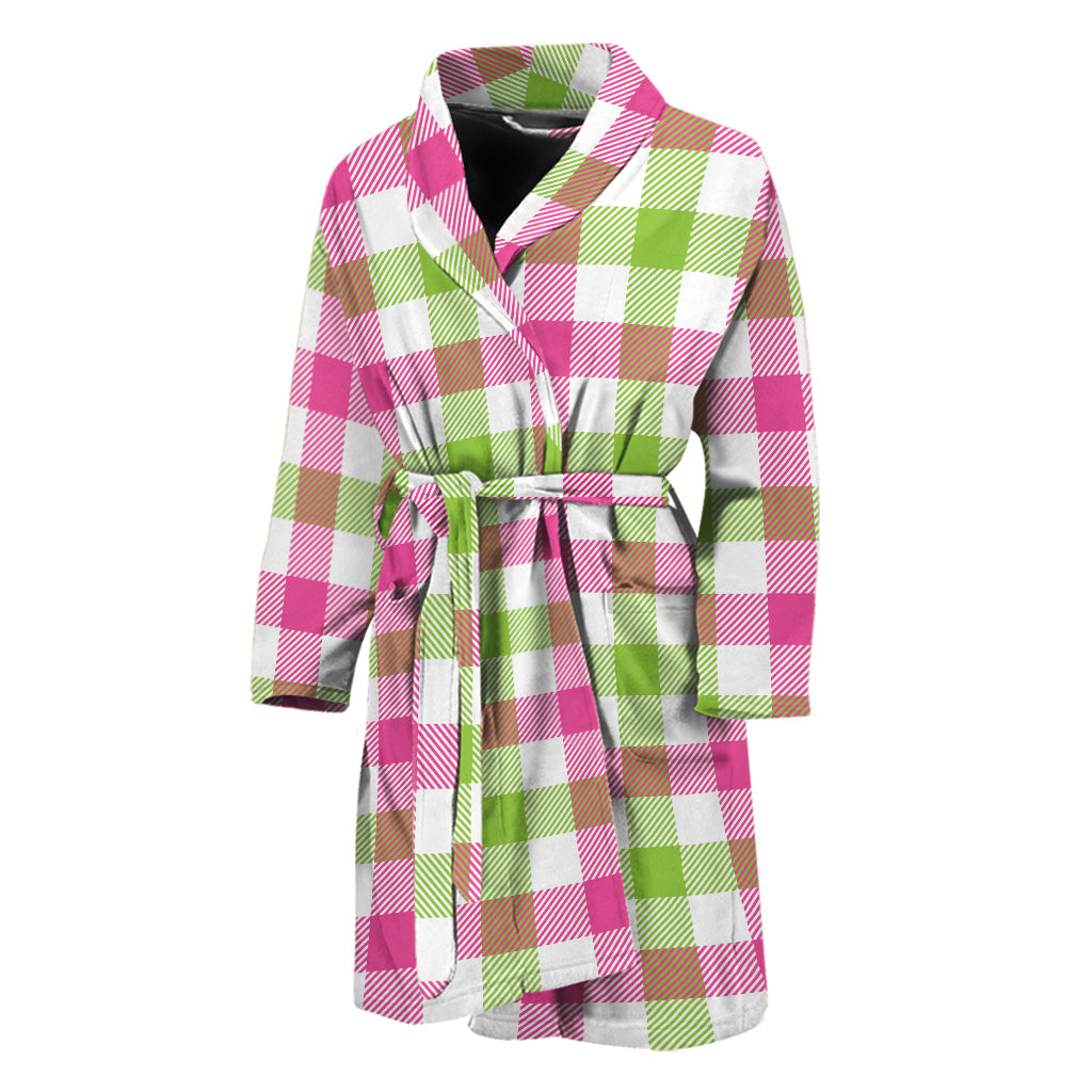 White Pink And Green Buffalo Plaid Print Men's Bathrobe