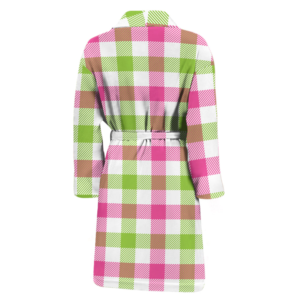 White Pink And Green Buffalo Plaid Print Men's Bathrobe