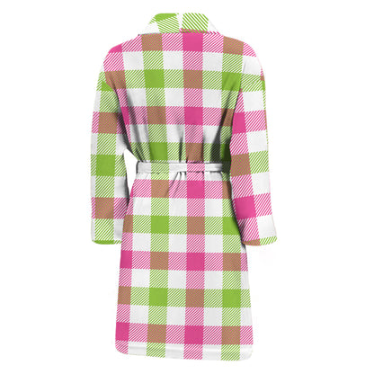 White Pink And Green Buffalo Plaid Print Men's Bathrobe