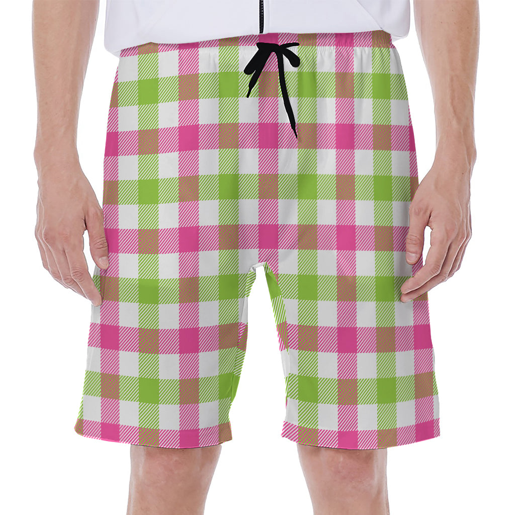 White Pink And Green Buffalo Plaid Print Men's Beach Shorts
