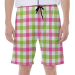 White Pink And Green Buffalo Plaid Print Men's Beach Shorts