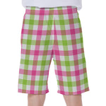 White Pink And Green Buffalo Plaid Print Men's Beach Shorts