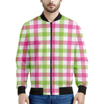 White Pink And Green Buffalo Plaid Print Men's Bomber Jacket