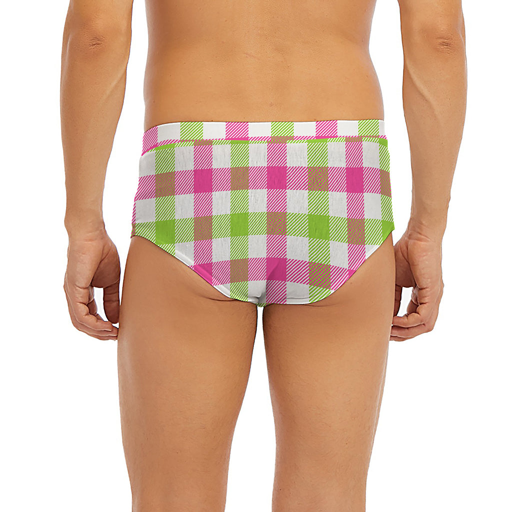 White Pink And Green Buffalo Plaid Print Men's Briefs