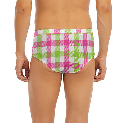 White Pink And Green Buffalo Plaid Print Men's Briefs