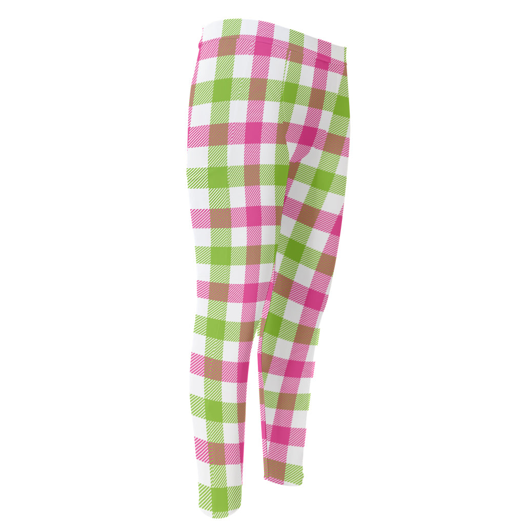 White Pink And Green Buffalo Plaid Print Men's Compression Pants