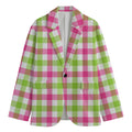 White Pink And Green Buffalo Plaid Print Men's Cotton Blazer