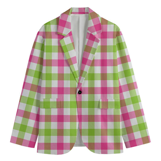 White Pink And Green Buffalo Plaid Print Men's Cotton Blazer