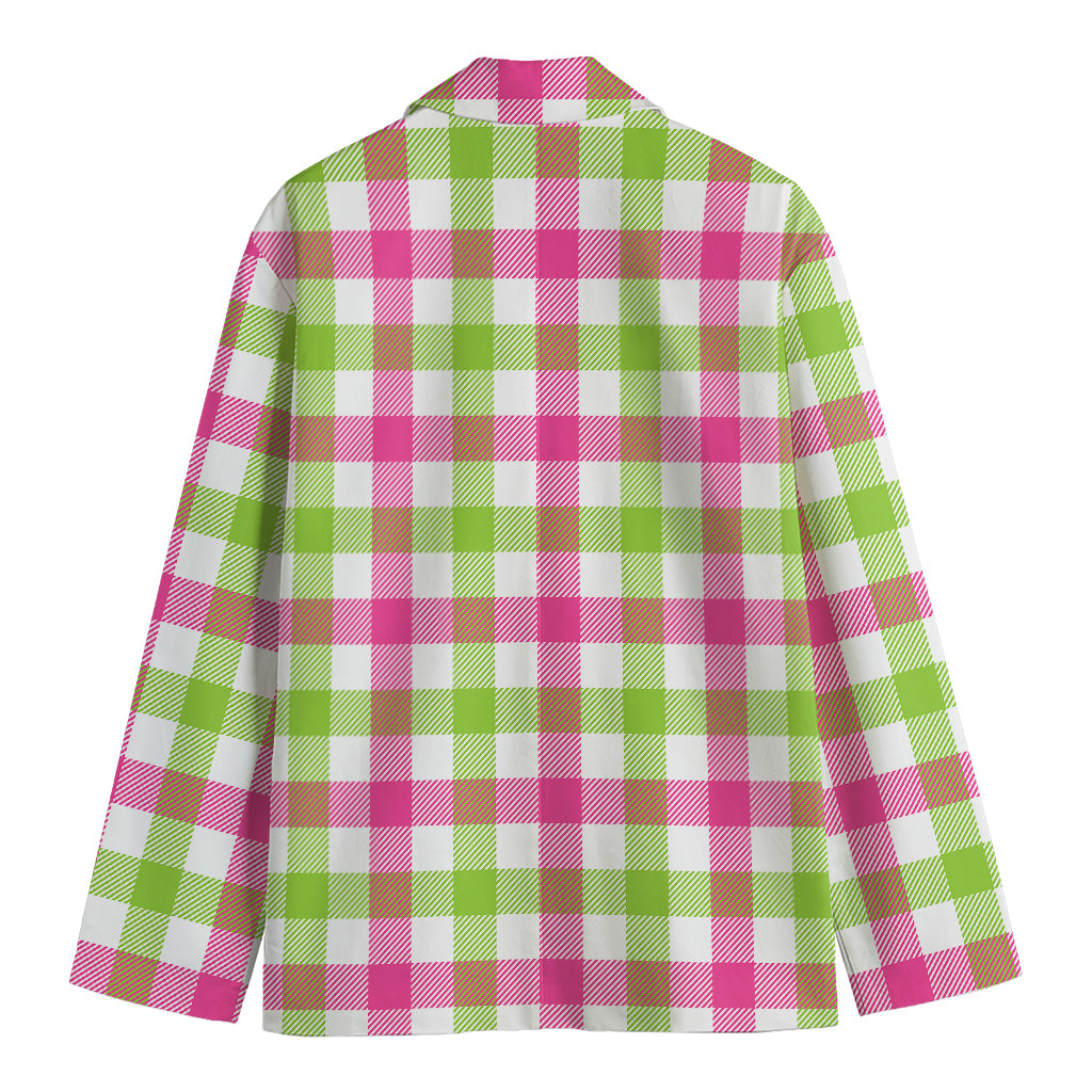 White Pink And Green Buffalo Plaid Print Men's Cotton Blazer