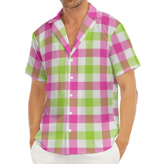 White Pink And Green Buffalo Plaid Print Men's Deep V-Neck Shirt