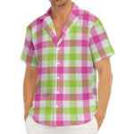 White Pink And Green Buffalo Plaid Print Men's Deep V-Neck Shirt