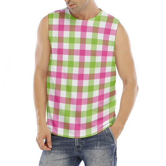 White Pink And Green Buffalo Plaid Print Men's Fitness Tank Top