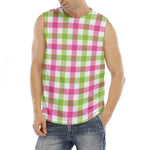 White Pink And Green Buffalo Plaid Print Men's Fitness Tank Top