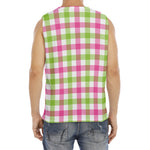 White Pink And Green Buffalo Plaid Print Men's Fitness Tank Top