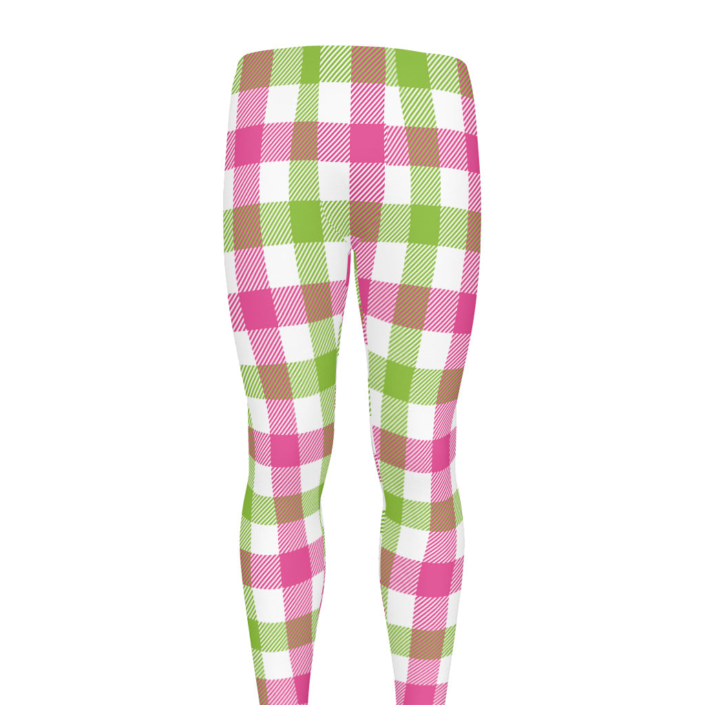 White Pink And Green Buffalo Plaid Print Men's leggings