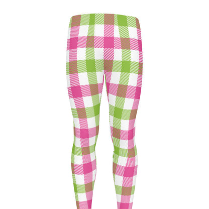 White Pink And Green Buffalo Plaid Print Men's leggings