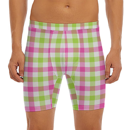 White Pink And Green Buffalo Plaid Print Men's Long Boxer Briefs