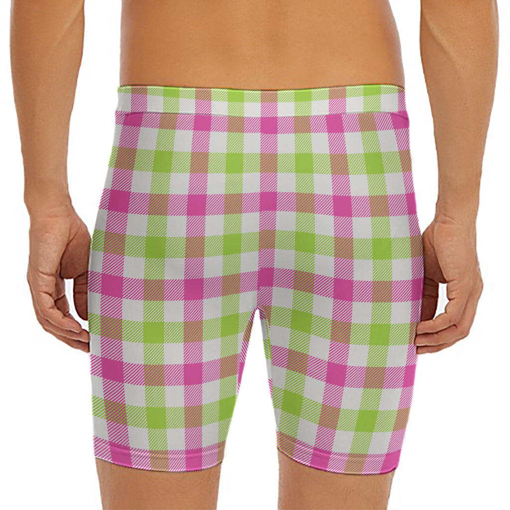 White Pink And Green Buffalo Plaid Print Men's Long Boxer Briefs