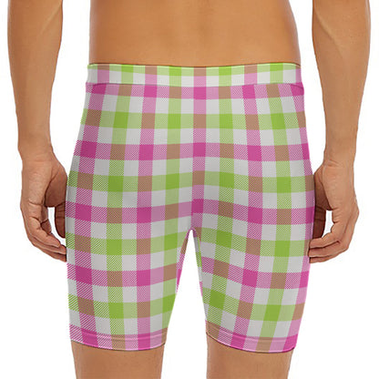White Pink And Green Buffalo Plaid Print Men's Long Boxer Briefs