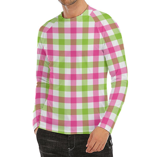 White Pink And Green Buffalo Plaid Print Men's Long Sleeve Rash Guard