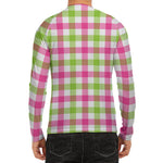 White Pink And Green Buffalo Plaid Print Men's Long Sleeve Rash Guard